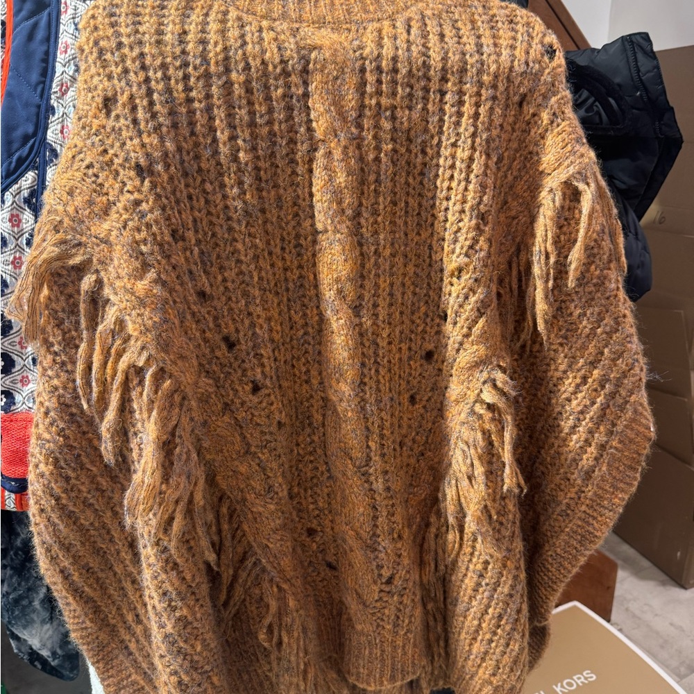 Anthropologie Rust-Brown Cable Fringe Poncho - Picture 6 of 6